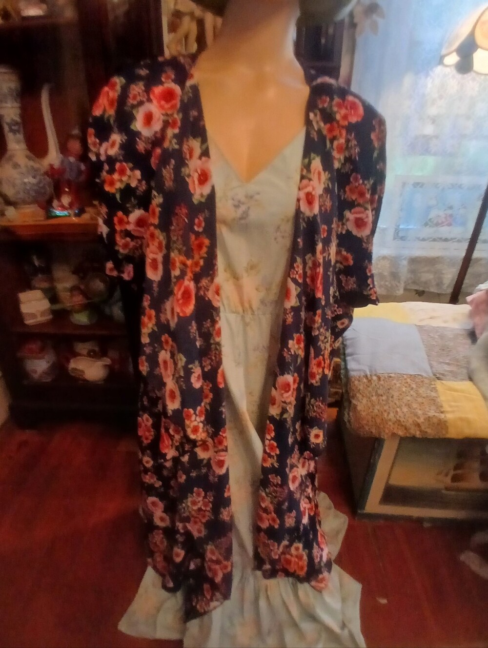 Lularoe Floral Navy Multi Colored Flowers Kimono 3/4 Length Sleeves Size L